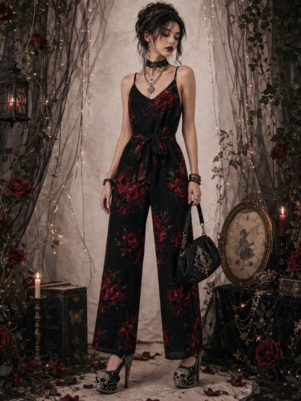 Docela Anthropologie Floral Velvet Burnout Jumpsuit Medium Dark Fairy Whimsigoth